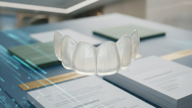 Primo piano nitido di una faccetta dentale bianca e perfettamente levigata, con un effetto bokeh che sfoca lo sfondo. Sullo sfondo indistinto si intravedono forme e colori che suggeriscono grafici finanziari digitali o documenti assicurativi impilati, senza testo riconoscibile. L'illuminazione è calda e professionale, evocando l'interno di una moderna clinica dentale.