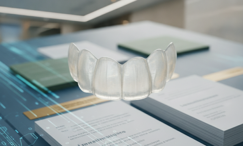 Primo piano nitido di una faccetta dentale bianca e perfettamente levigata, con un effetto bokeh che sfoca lo sfondo. Sullo sfondo indistinto si intravedono forme e colori che suggeriscono grafici finanziari digitali o documenti assicurativi impilati, senza testo riconoscibile. L'illuminazione è calda e professionale, evocando l'interno di una moderna clinica dentale.