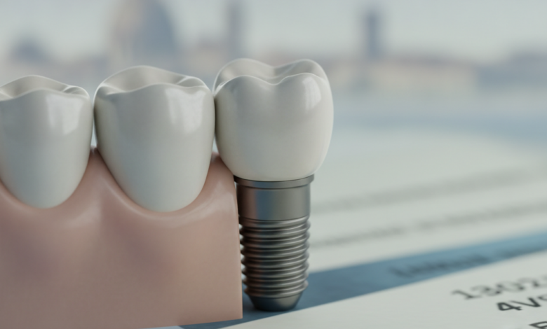 Immagine ravvicinata e dettagliata di un impianto dentale moderno con corona in ceramica, inserito in una gengiva sana. Lo sfondo è sfocato e suggerisce documenti finanziari e un paesaggio urbano italiano lontano, senza testo visibile.