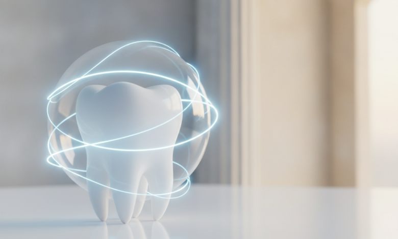 Un dente molare bianco e sano, circondato da un effetto luminoso e astratto che simboleggia la protezione assicurativa, con un edificio classico italiano sfocato sullo sfondo.