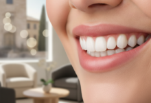 Un sorriso sano e luminoso, con denti bianchi e ben curati, in primo piano. Lo sfondo è un ambiente odontoiatrico moderno e pulito, sfocato per mettere in risalto il sorriso. L'immagine rappresenta la salute orale e la convenienza dell'assicurazione dentale in Italia.