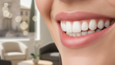 Un sorriso sano e luminoso, con denti bianchi e ben curati, in primo piano. Lo sfondo è un ambiente odontoiatrico moderno e pulito, sfocato per mettere in risalto il sorriso. L'immagine rappresenta la salute orale e la convenienza dell'assicurazione dentale in Italia.