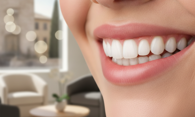 Un sorriso sano e luminoso, con denti bianchi e ben curati, in primo piano. Lo sfondo è un ambiente odontoiatrico moderno e pulito, sfocato per mettere in risalto il sorriso. L'immagine rappresenta la salute orale e la convenienza dell'assicurazione dentale in Italia.