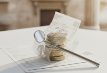 Primo piano concettuale di monete Euro integrate con un documento finanziario astratto e un delicato strumento dentistico, con uno sfondo sfocato che suggerisce architetture italiane. L'immagine simboleggia le spese odontoiatriche complesse e i costi nascosti in Italia.