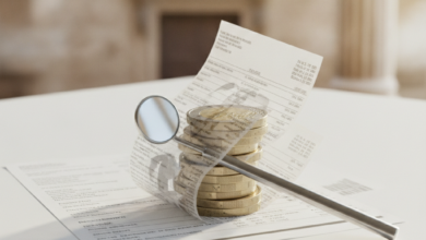 Primo piano concettuale di monete Euro integrate con un documento finanziario astratto e un delicato strumento dentistico, con uno sfondo sfocato che suggerisce architetture italiane. L'immagine simboleggia le spese odontoiatriche complesse e i costi nascosti in Italia.
