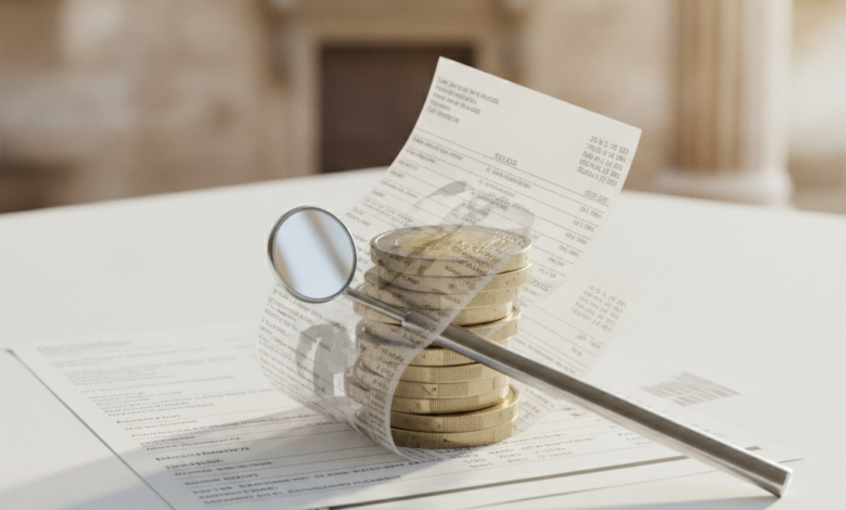 Primo piano concettuale di monete Euro integrate con un documento finanziario astratto e un delicato strumento dentistico, con uno sfondo sfocato che suggerisce architetture italiane. L'immagine simboleggia le spese odontoiatriche complesse e i costi nascosti in Italia.