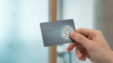 Una mano tiene una carta di credito generica o uno smartphone con un'interfaccia di pagamento astratta, con uno sfondo sfocato che suggerisce un ambiente medico o di benessere moderno e pulito.
