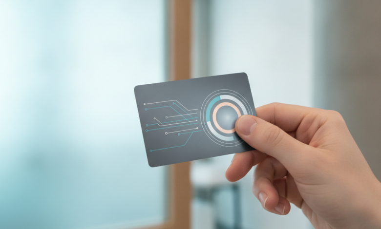 Una mano tiene una carta di credito generica o uno smartphone con un'interfaccia di pagamento astratta, con uno sfondo sfocato che suggerisce un ambiente medico o di benessere moderno e pulito.